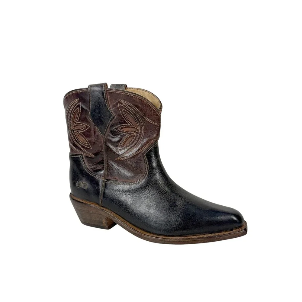 Bed Stu Cobbler Series Western Ankle Boots Womens 6 Black Brown Leather Snip Toe